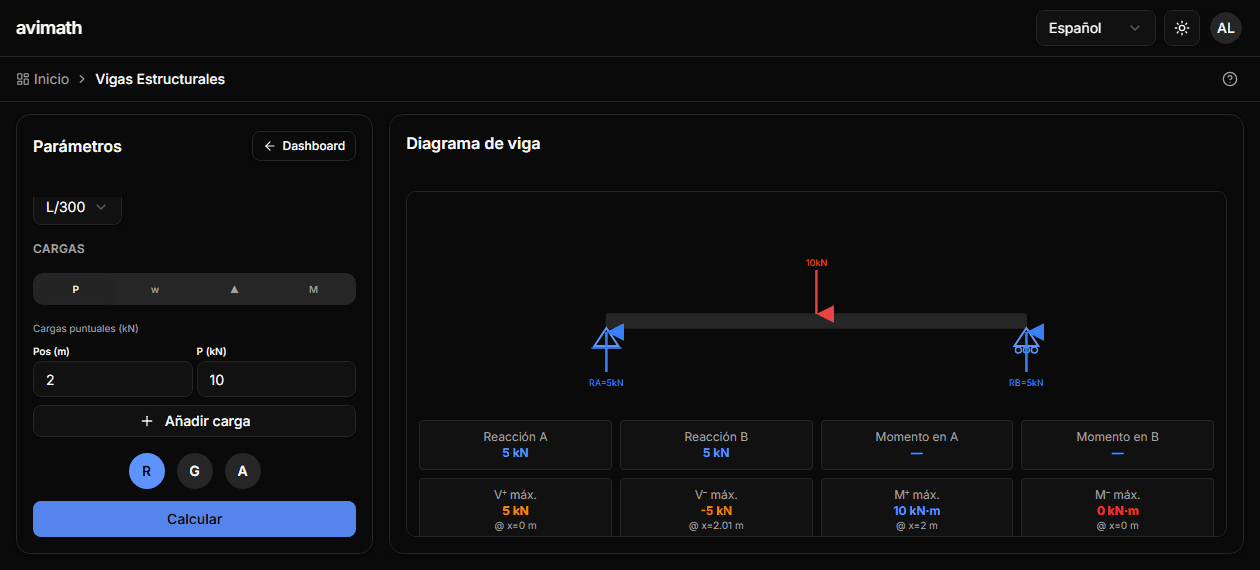 Calculadora de vigas estructurales con diagramas V(x) y M(x)